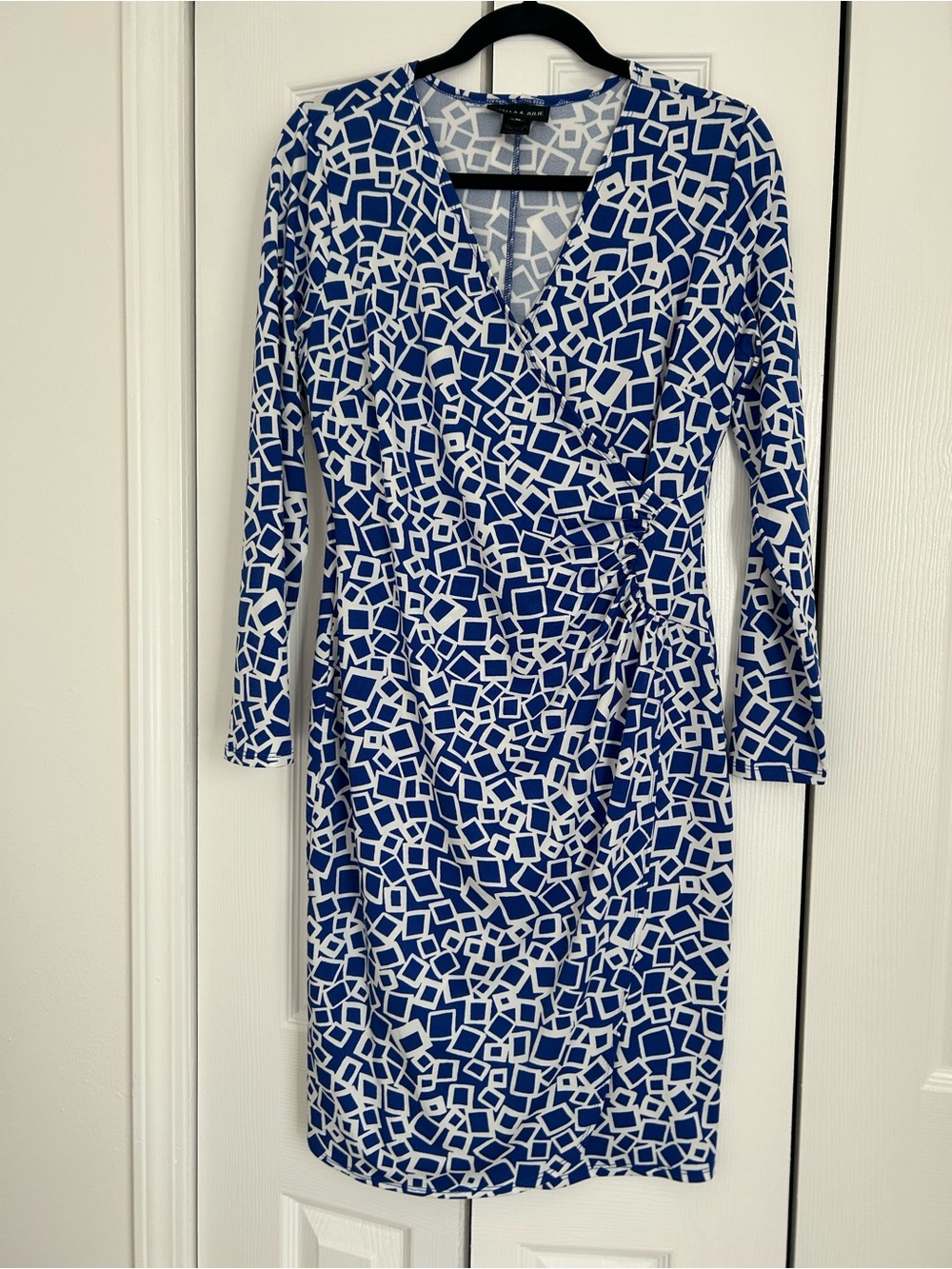 Blue and White Geometric Long-Sleeve Wrap Dress